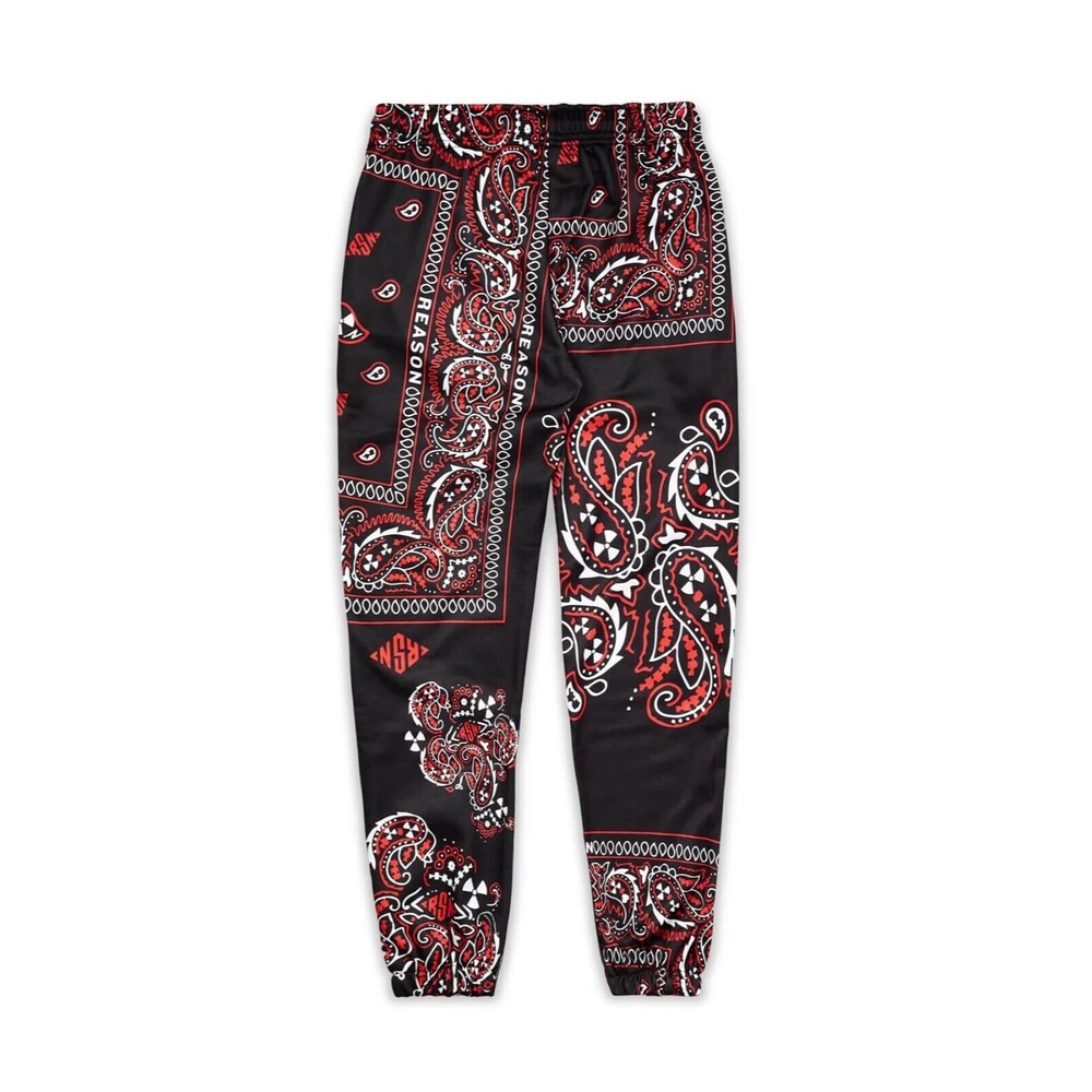 Reason Joggers Women’s Large Black Red White Bandana Paisley Print Sweatpants - Picture 2 of 9